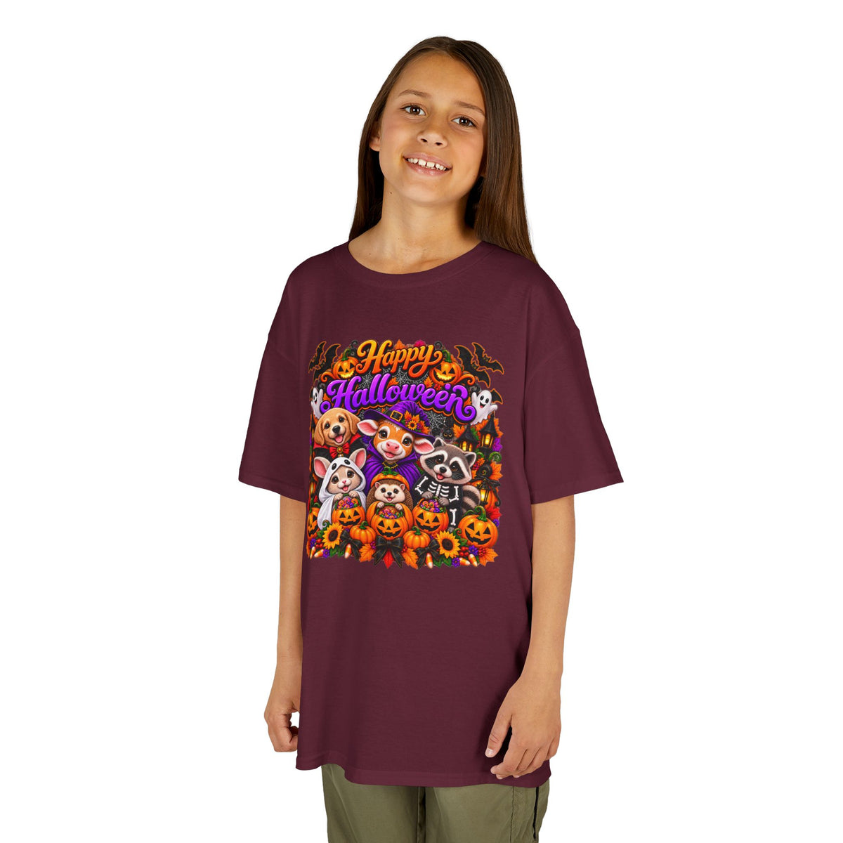 Kids T-Shirt — Colorful 'Happy Halloween' Animal Pumpkin Crew