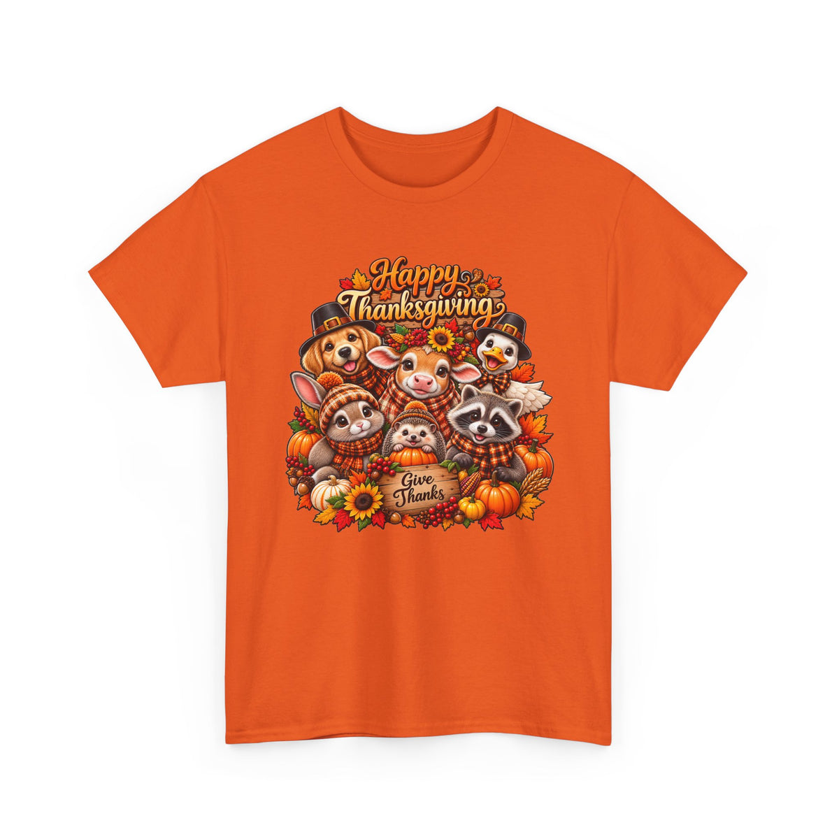 Thanksgiving Animal Friends T-Shirt — "Give Thanks" Cute Fall Turkey, Fox & Raccoon Tee