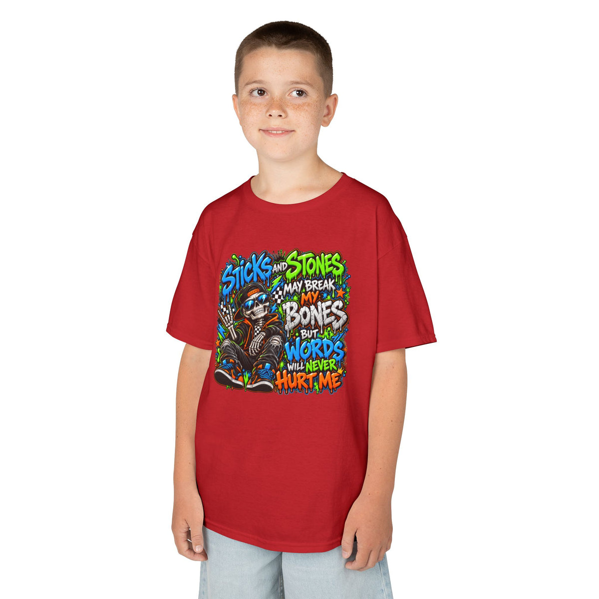 Kids T‑Shirt - Colorful 'Sticks and Stones May Break My Bones But Words Will Never Hurt Me' Graphic Tee