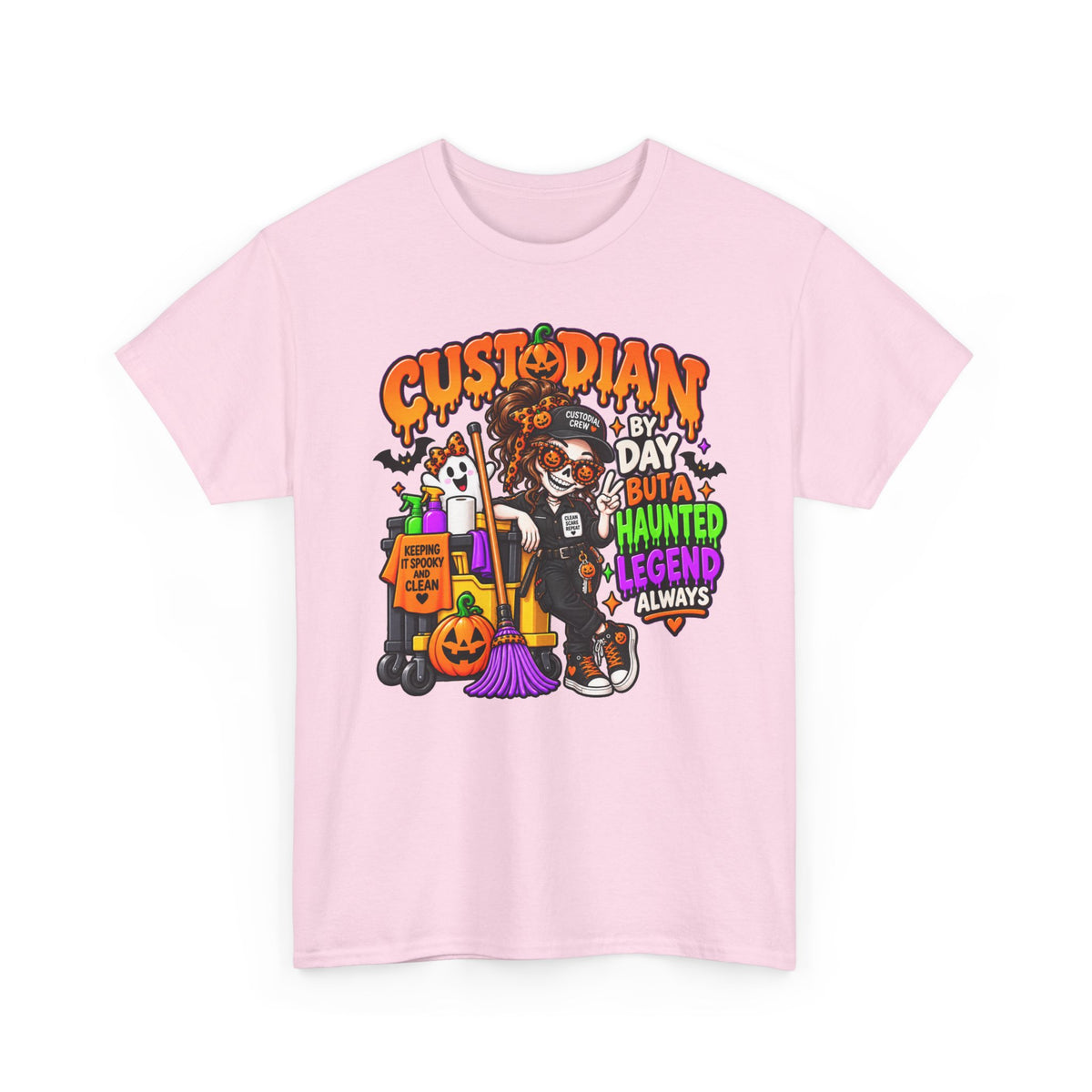 Custodian Halloween T‑Shirt – "Custodian by Day but a Haunted Legend Always" Cute Spooky Custodial Crew Tee