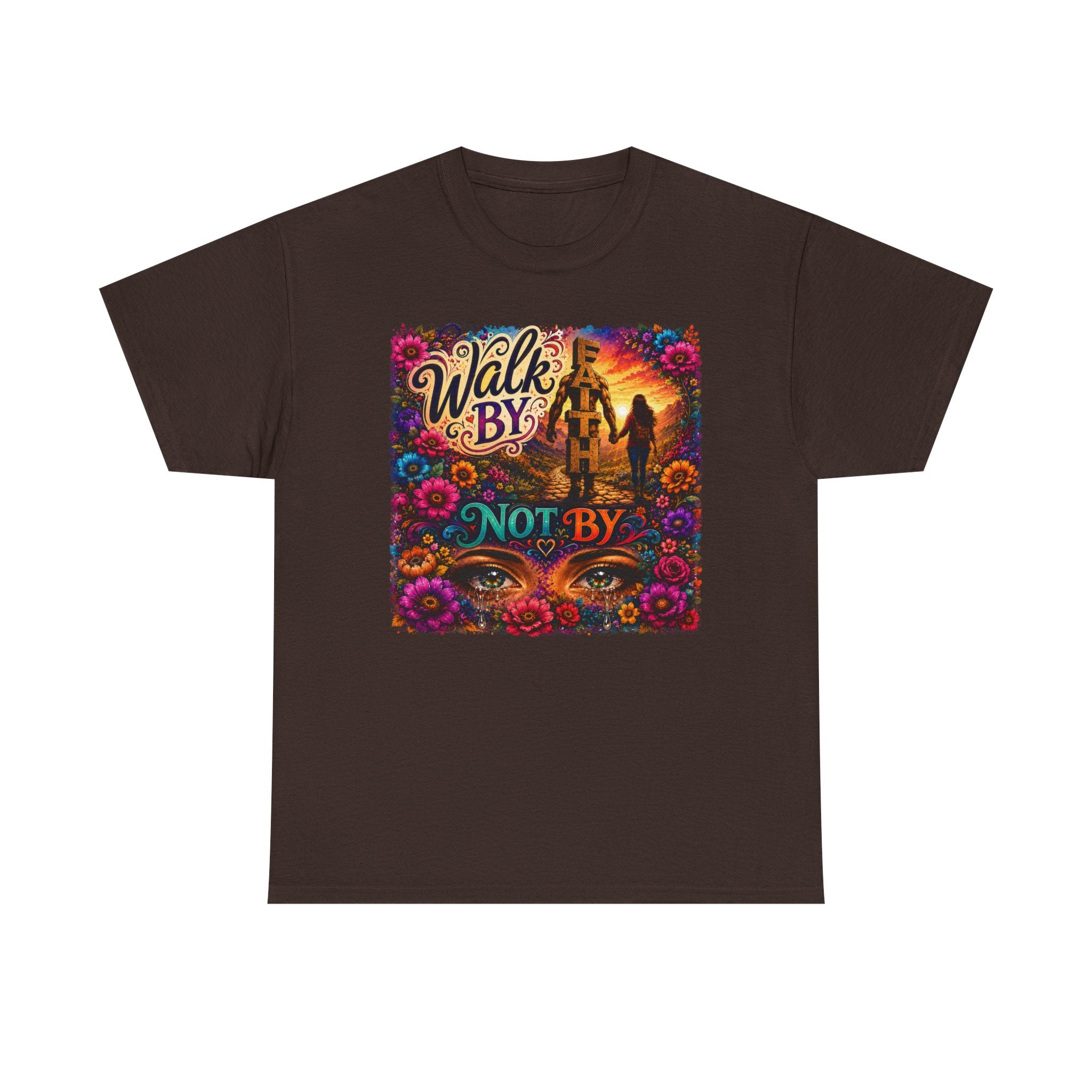 T‑Shirt — "Walk By Faith Not By Sight" Colorful Sunset Silhouette Christian Tee