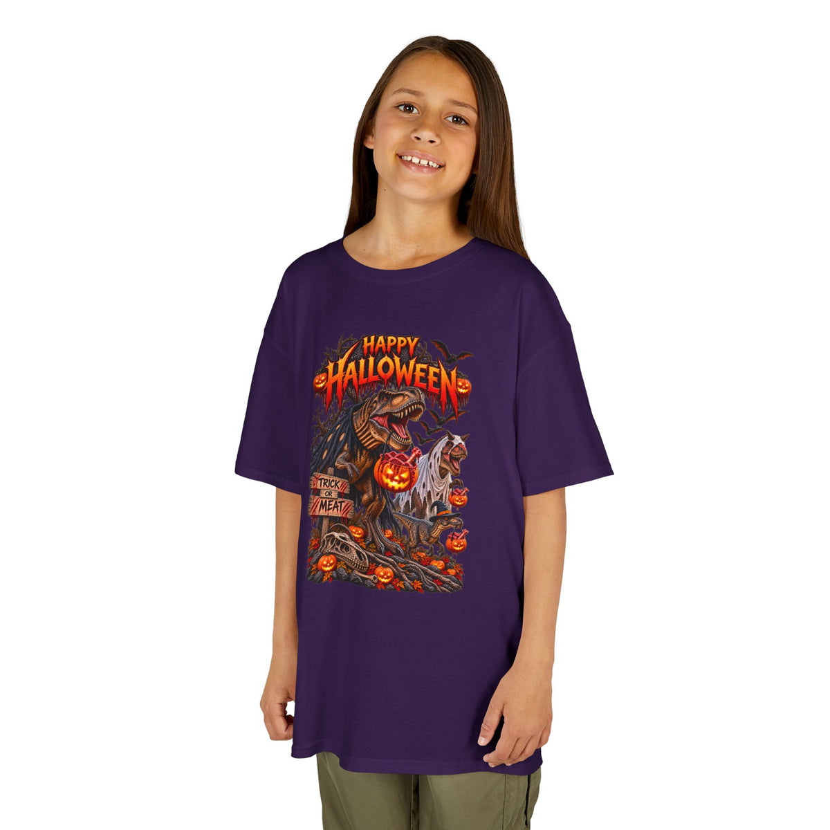 Kids Halloween Tee – "Happy Halloween" Scary Pumpkin Dinosaur Graphic