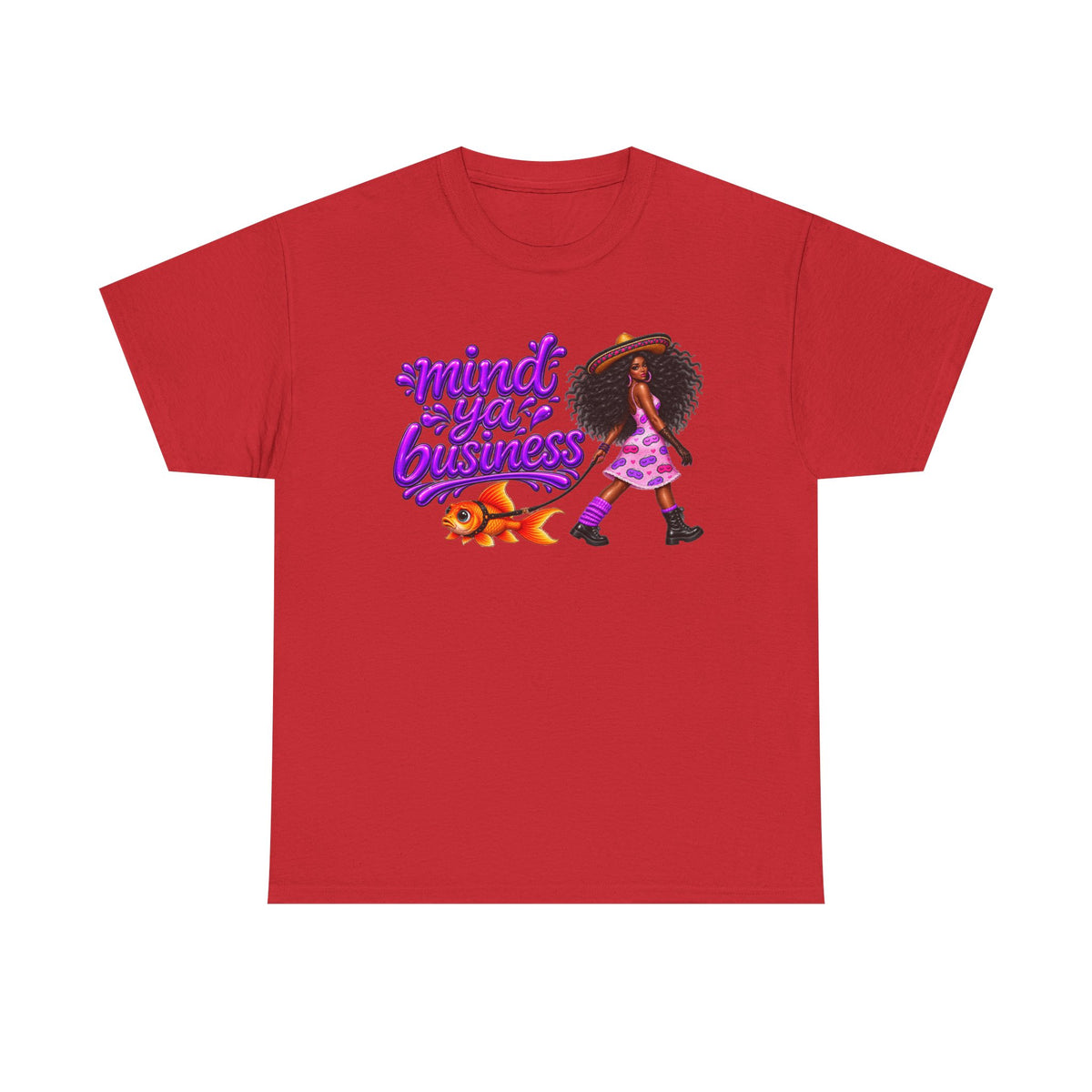 Mind Ya' Business Graphic Tee — Girl Walking with Goldfish Design