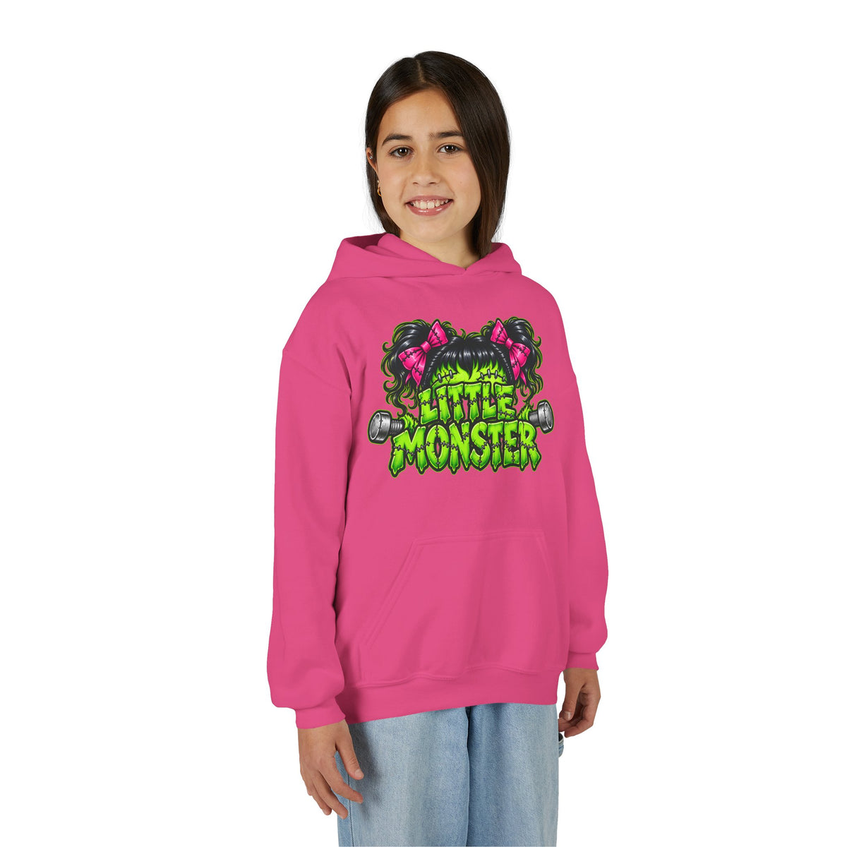 Youth Hoodie — "Little Monster" Cute Green Monster Graphic Sweatshirt