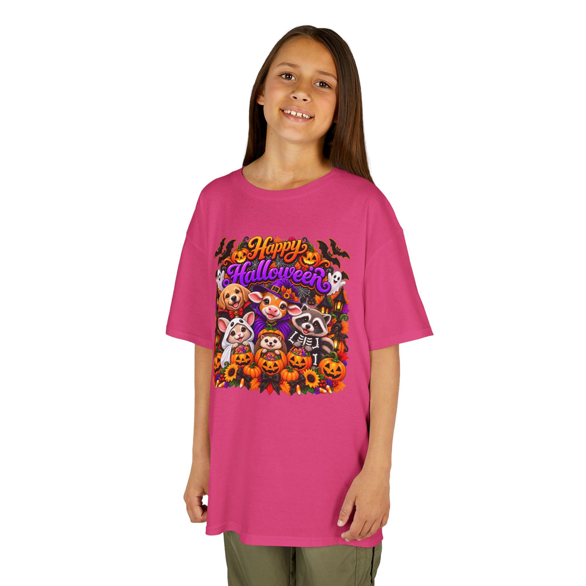 Kids T-Shirt — Colorful 'Happy Halloween' Animal Pumpkin Crew