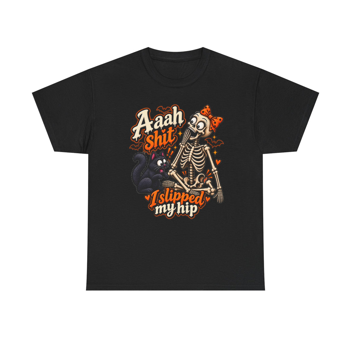 Skeleton Cat Tee — “Aaah Shit I Slipped My Hip” Halloween Graphic T-Shirt