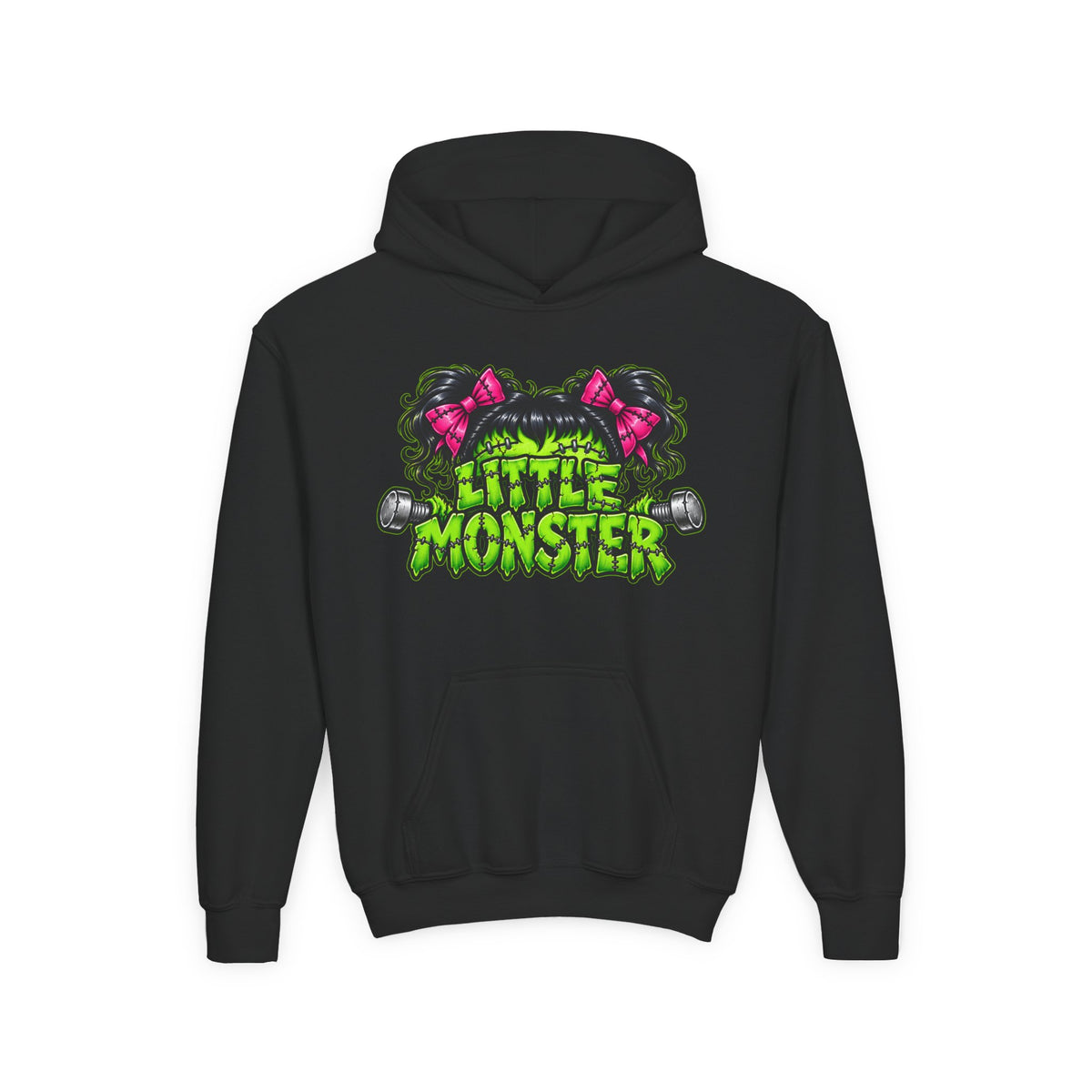 Youth Hoodie — "Little Monster" Cute Green Monster Graphic Sweatshirt