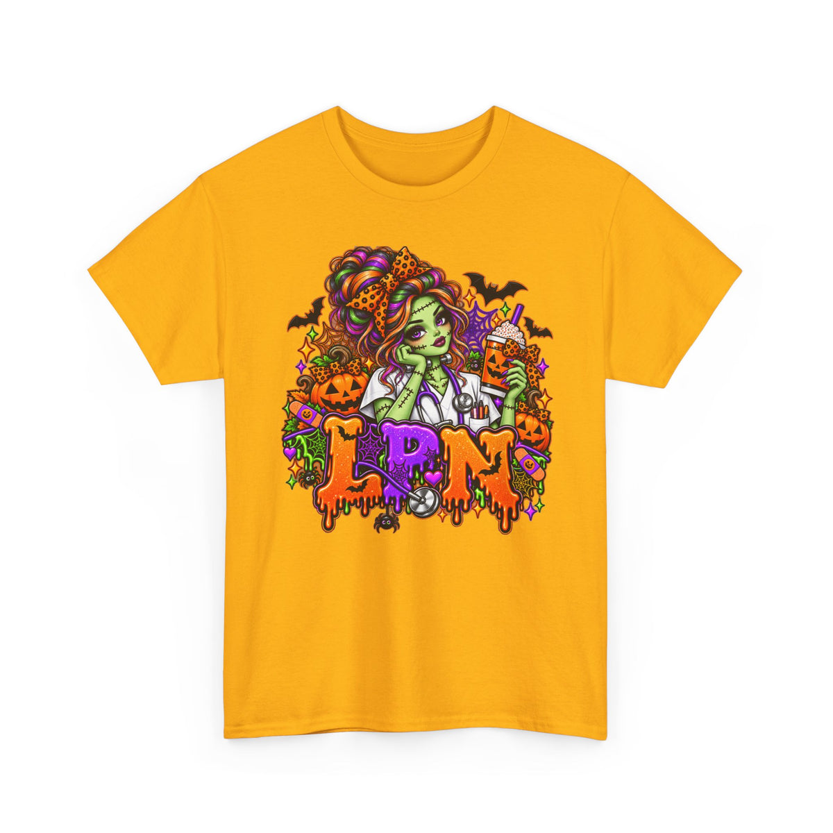 Witchy Halloween Tee — Green Witch, Pumpkins & 'LPN' Candy Gothic Shirt