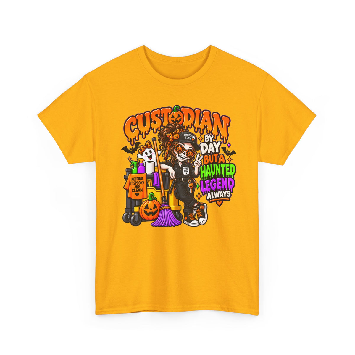 Custodian Halloween T‑Shirt – "Custodian by Day but a Haunted Legend Always" Cute Spooky Custodial Crew Tee