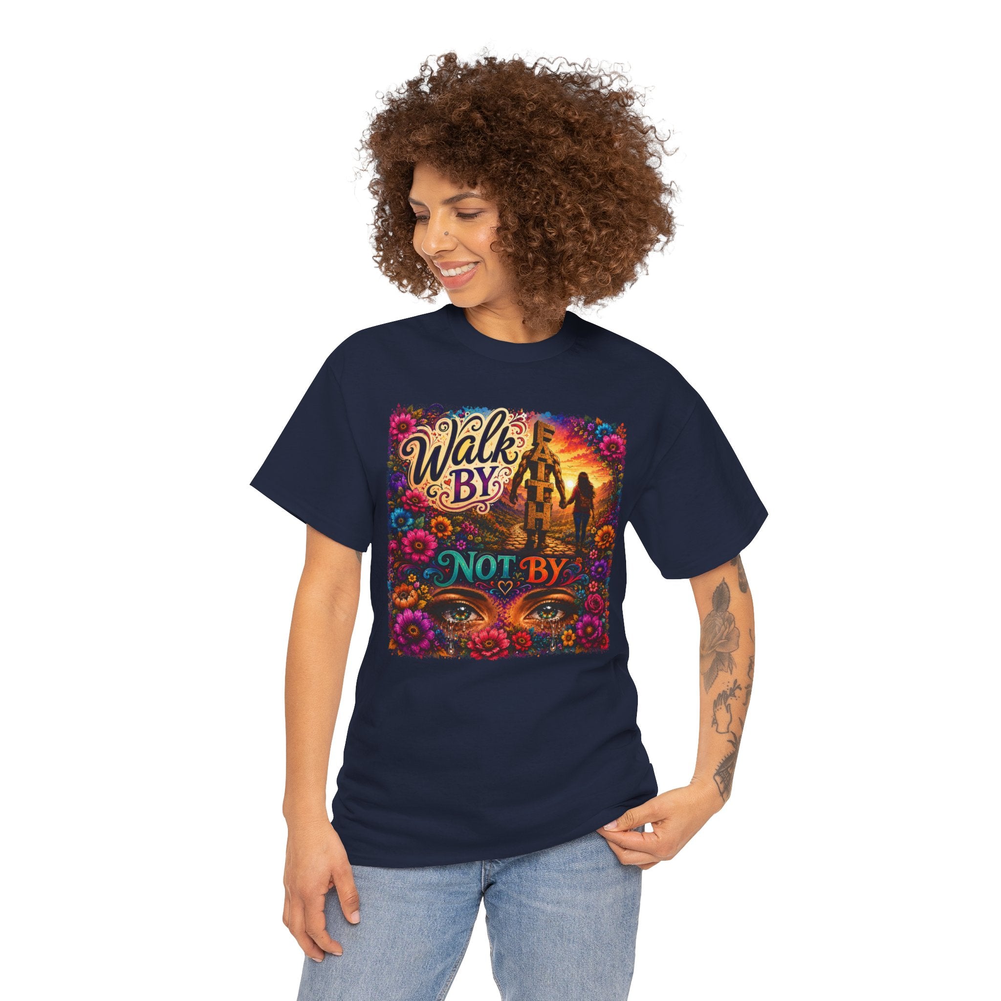 T‑Shirt — "Walk By Faith Not By Sight" Colorful Sunset Silhouette Christian Tee