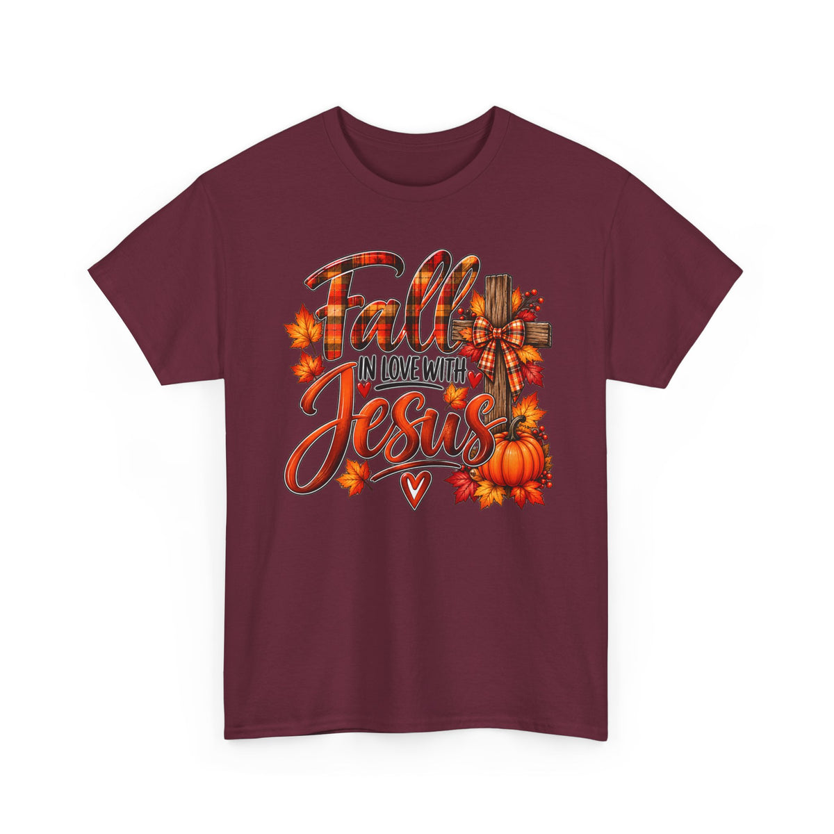 Fall in Love with Jesus T-Shirt — Autumn Christian Tee with Pumpkins & Leaves