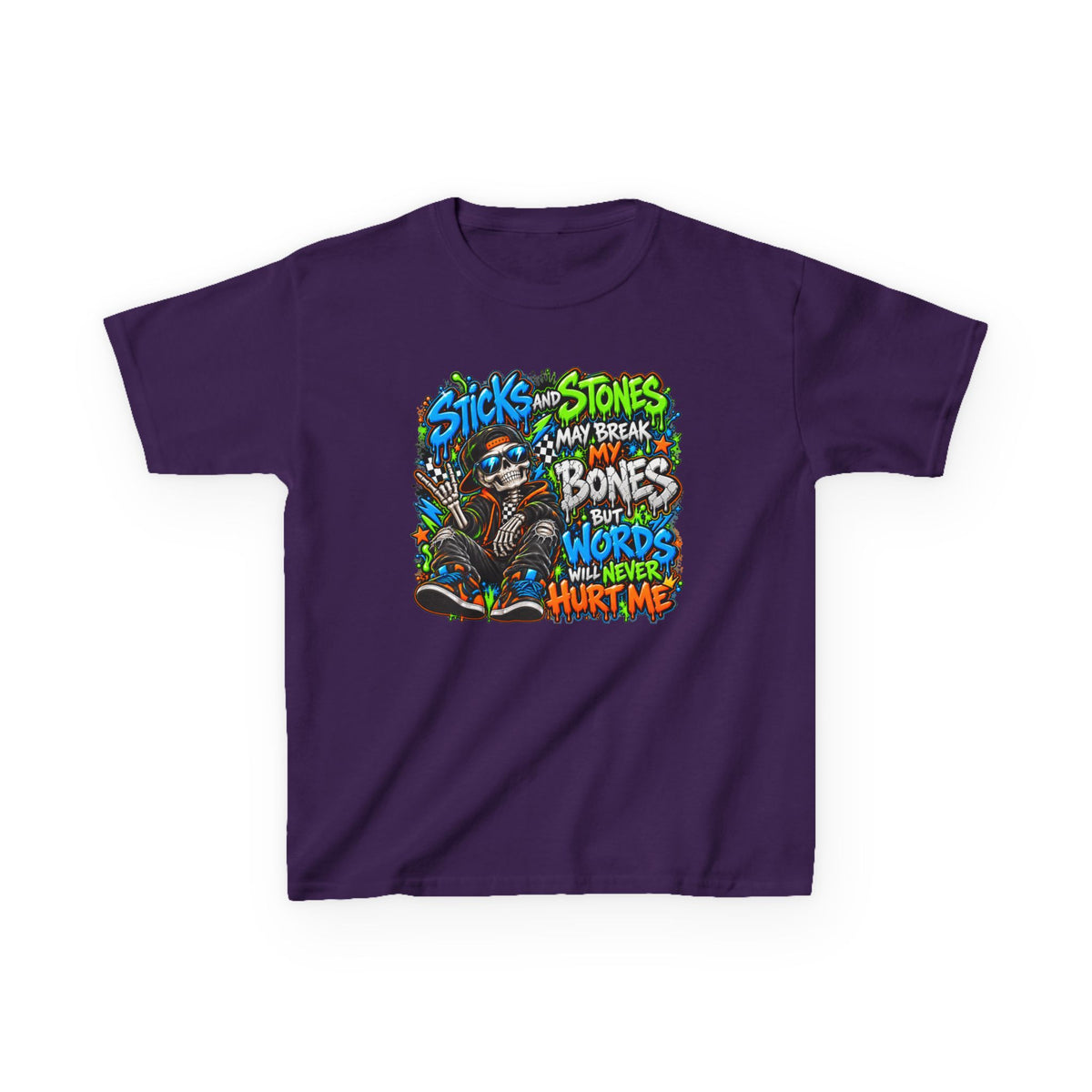 Kids T‑Shirt - Colorful 'Sticks and Stones May Break My Bones But Words Will Never Hurt Me' Graphic Tee