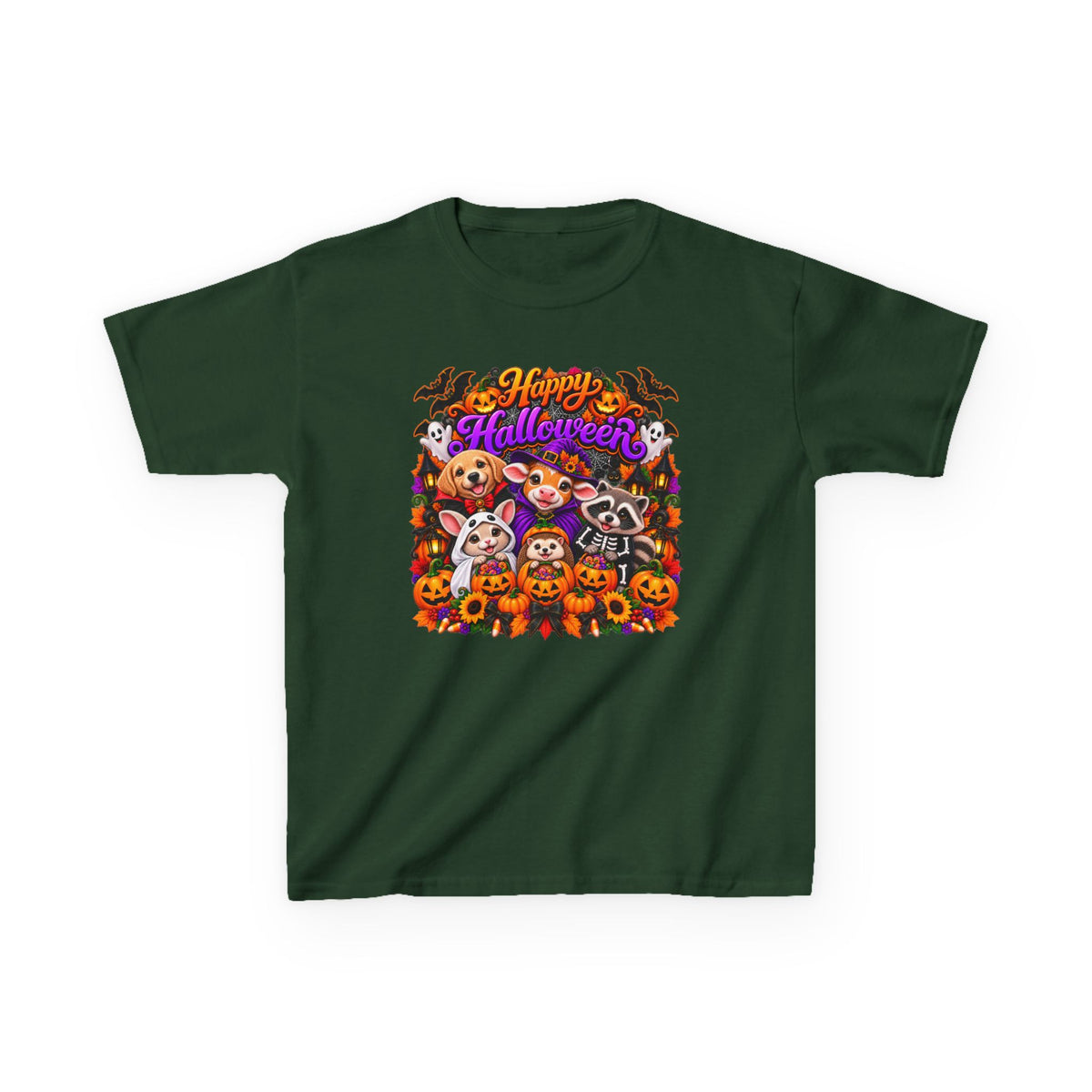 Kids T-Shirt — Colorful 'Happy Halloween' Animal Pumpkin Crew