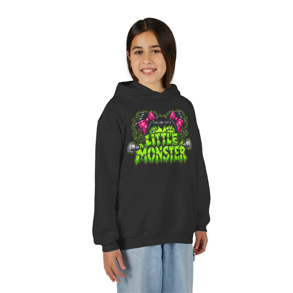 Youth Hoodie — "Little Monster" Cute Green Monster Graphic Sweatshirt
