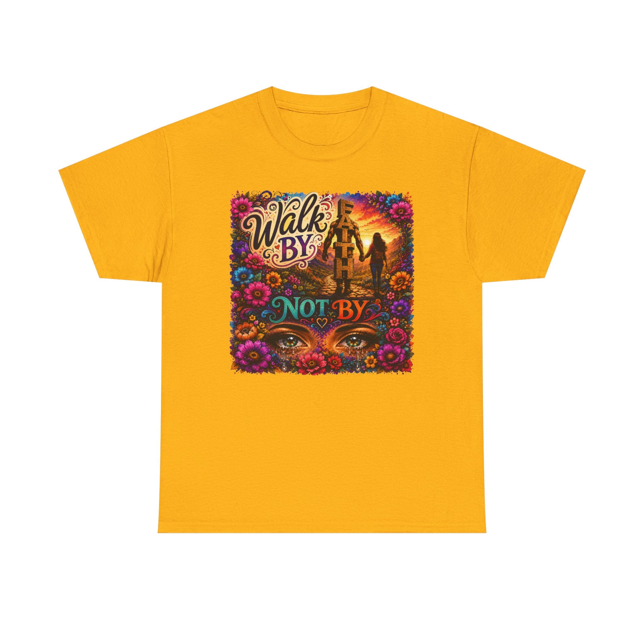 T‑Shirt — "Walk By Faith Not By Sight" Colorful Sunset Silhouette Christian Tee