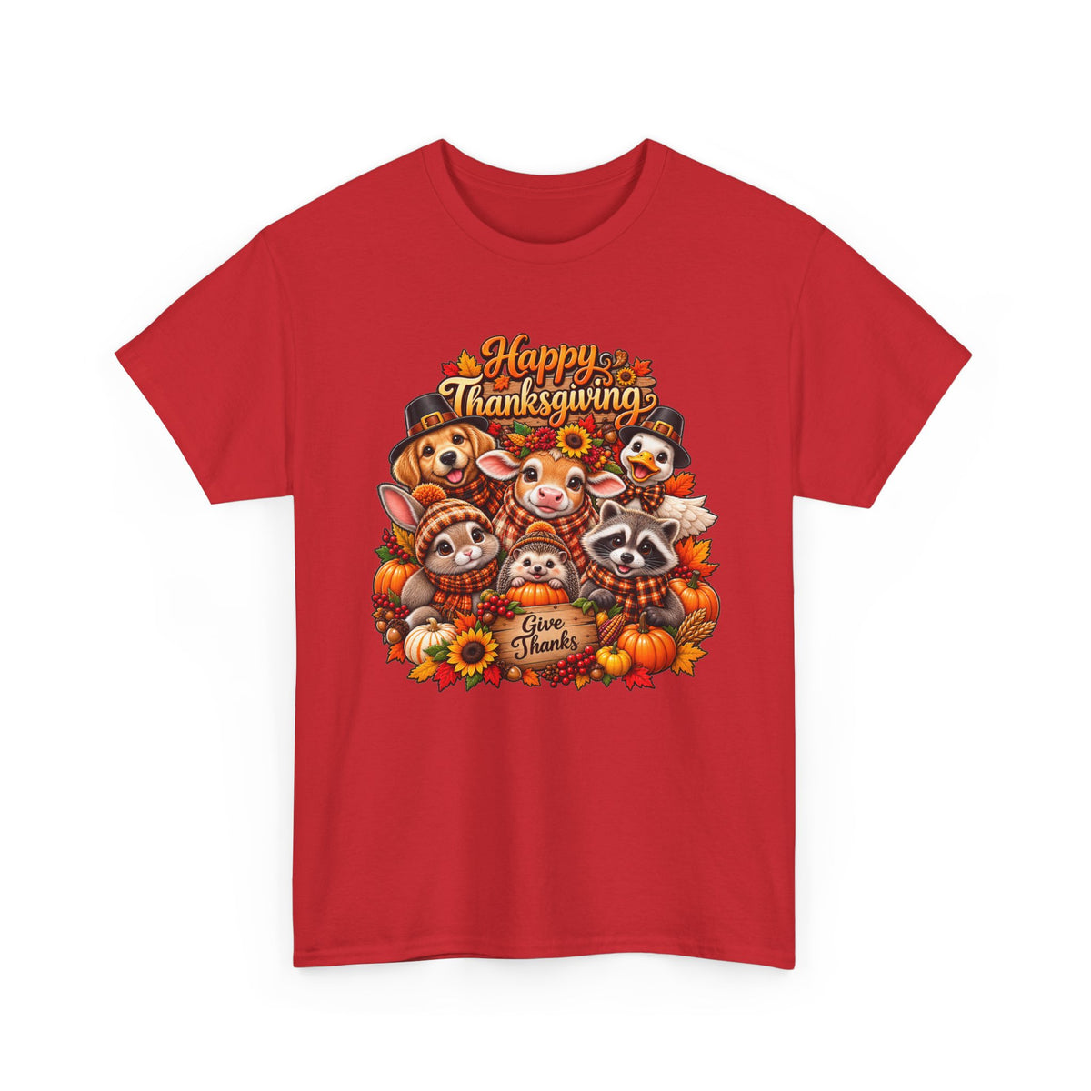 Thanksgiving Animal Friends T-Shirt — "Give Thanks" Cute Fall Turkey, Fox & Raccoon Tee