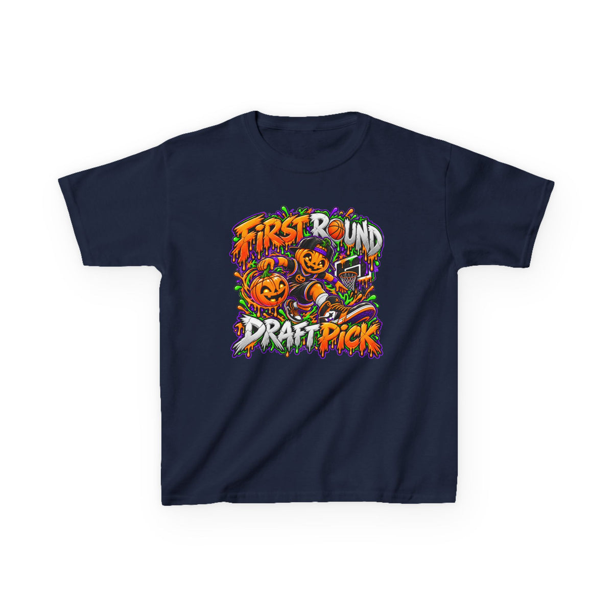 Visual Design First Draft Kids T‑Shirt — 'First Round Draft Pick' Halloween Pumpkin Graphic Tee ...
