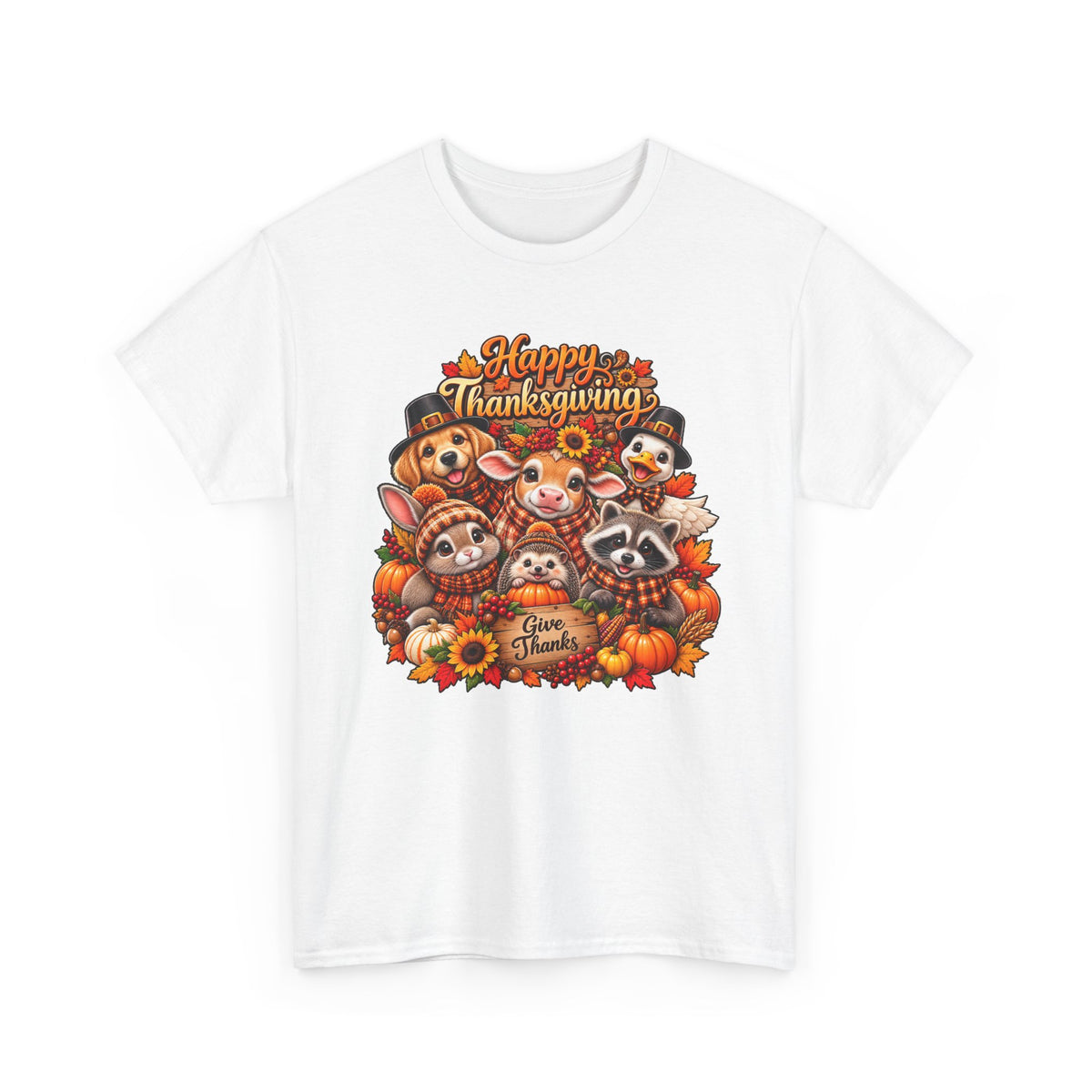 Thanksgiving Animal Friends T-Shirt — "Give Thanks" Cute Fall Turkey, Fox & Raccoon Tee