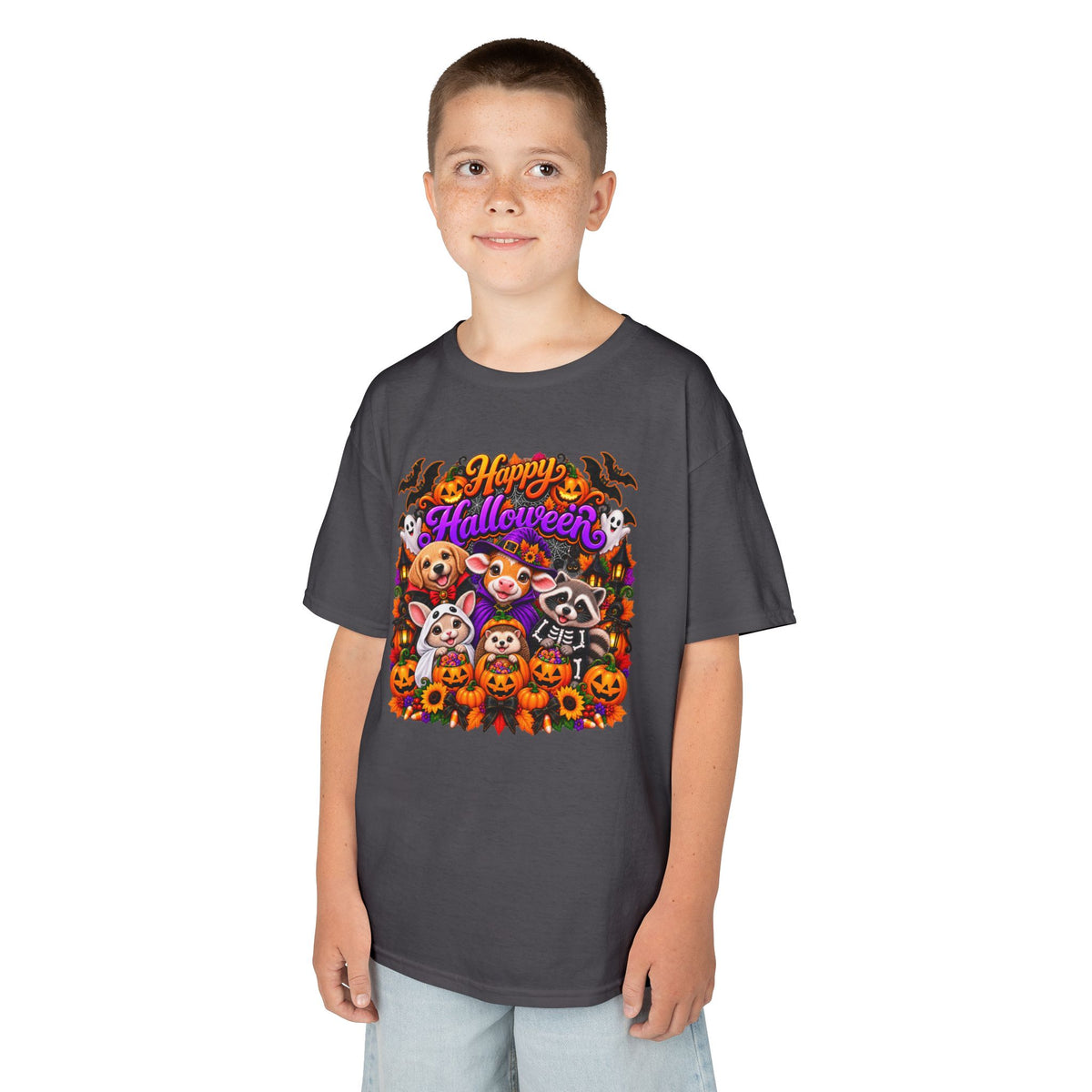 Kids T-Shirt — Colorful 'Happy Halloween' Animal Pumpkin Crew