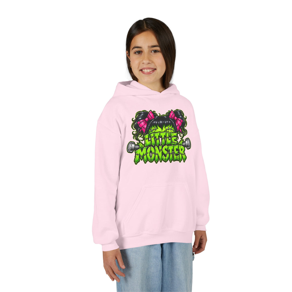 Youth Hoodie — "Little Monster" Cute Green Monster Graphic Sweatshirt