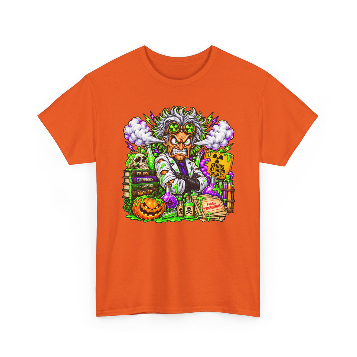 Mad Scientist Halloween Tee — Creepy Lab, Pumpkin & Potion Graphic T-Shirt