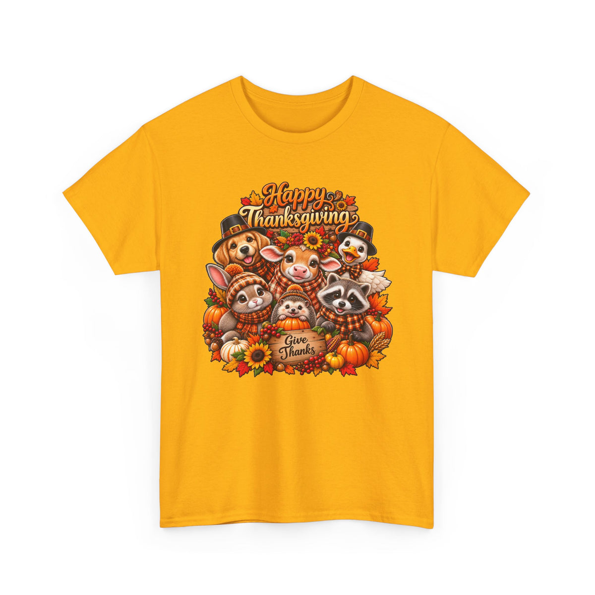 Thanksgiving Animal Friends T-Shirt — "Give Thanks" Cute Fall Turkey, Fox & Raccoon Tee
