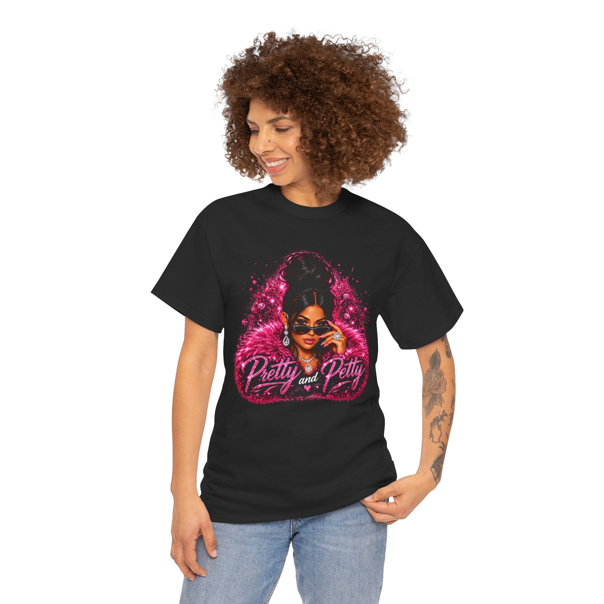 Pretty and Petty Graphic Tee — Bold Pink Afro Chic Women's Shirt