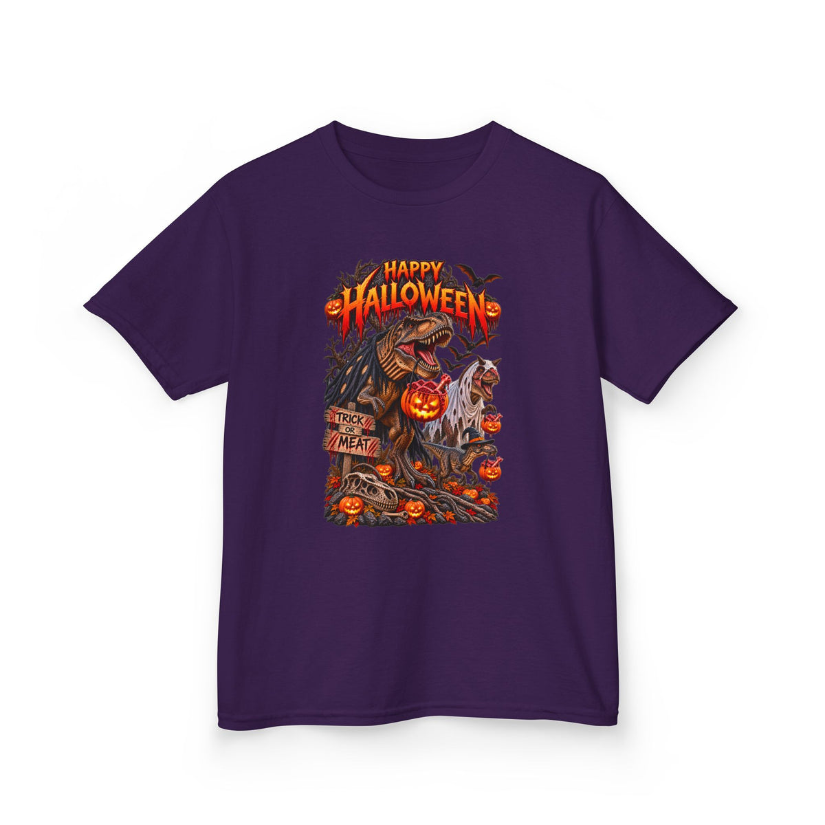 Kids Halloween Tee – "Happy Halloween" Scary Pumpkin Dinosaur Graphic