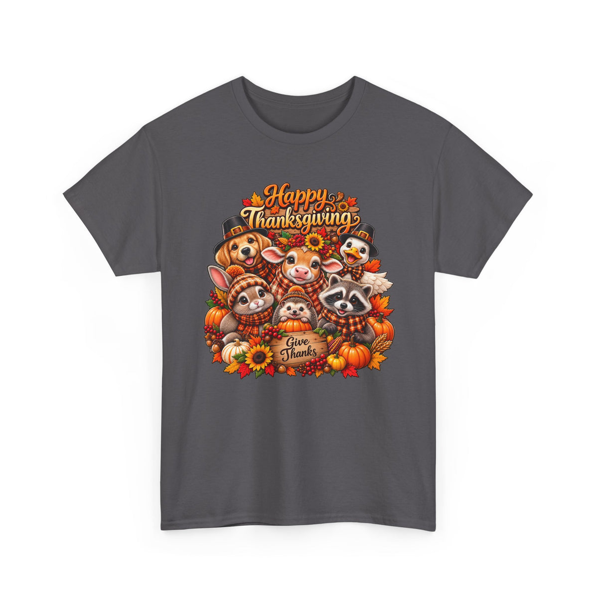 Thanksgiving Animal Friends T-Shirt — "Give Thanks" Cute Fall Turkey, Fox & Raccoon Tee