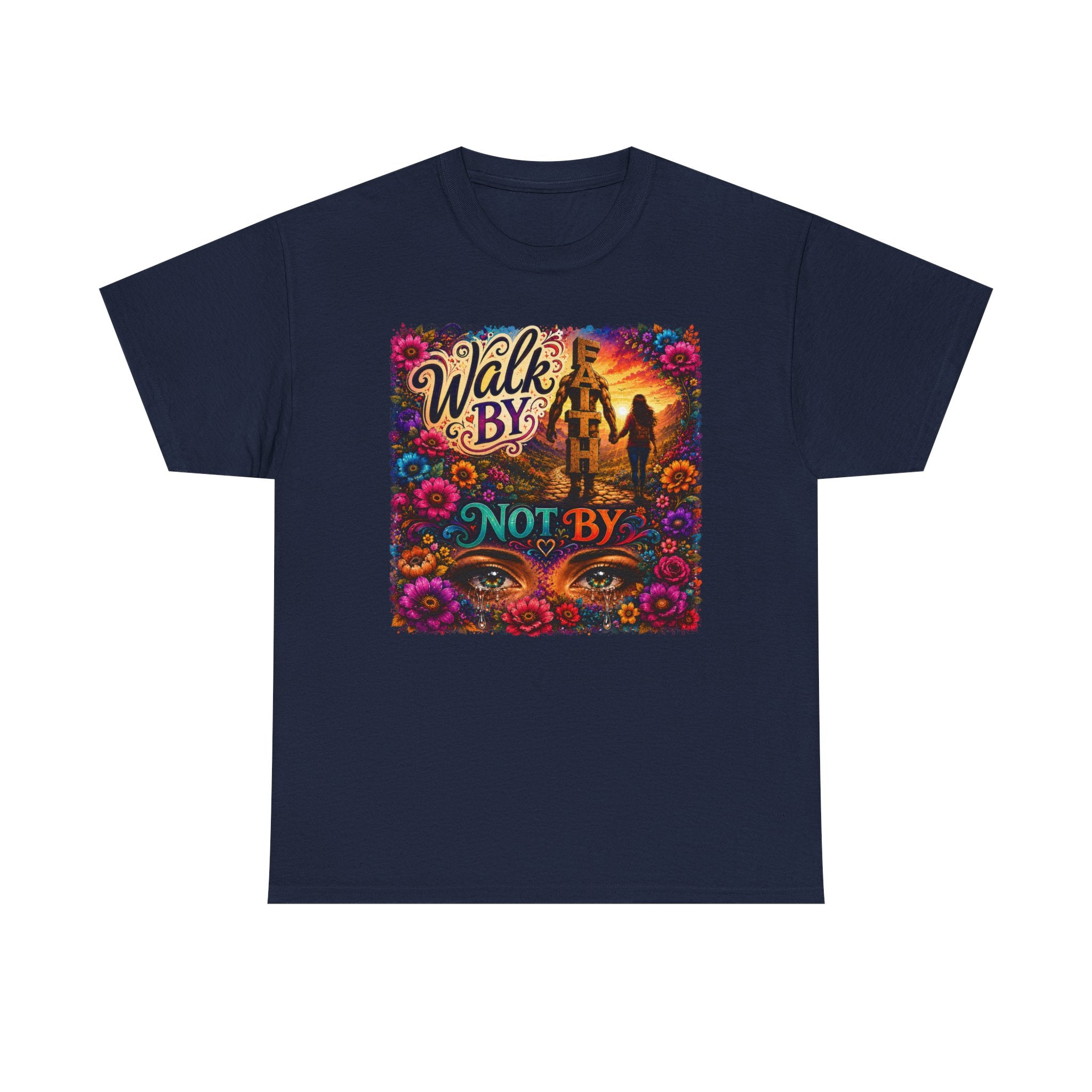 T‑Shirt — "Walk By Faith Not By Sight" Colorful Sunset Silhouette Christian Tee
