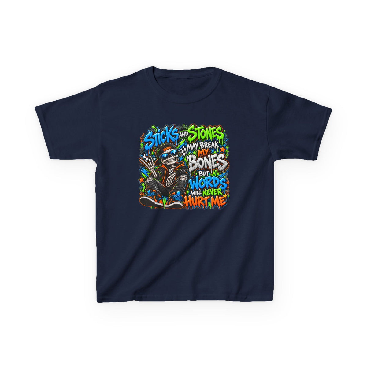 Kids T‑Shirt - Colorful 'Sticks and Stones May Break My Bones But Words Will Never Hurt Me' Graphic Tee