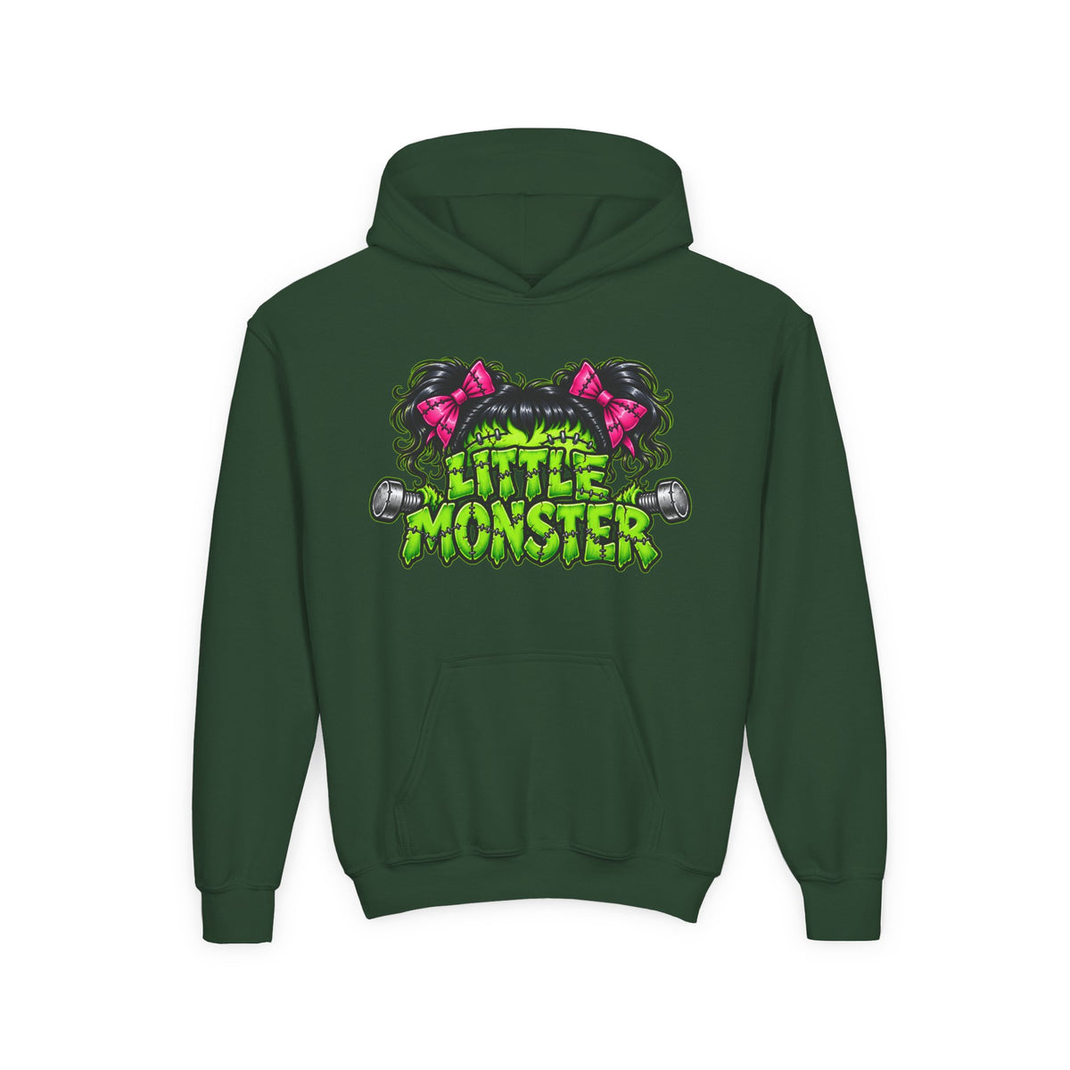 Youth Hoodie — "Little Monster" Cute Green Monster Graphic Sweatshirt