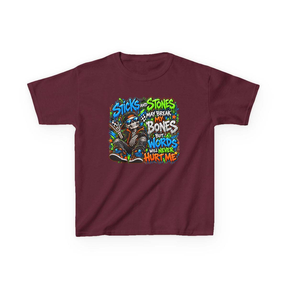 Kids T‑Shirt - Colorful 'Sticks and Stones May Break My Bones But Words Will Never Hurt Me' Graphic Tee