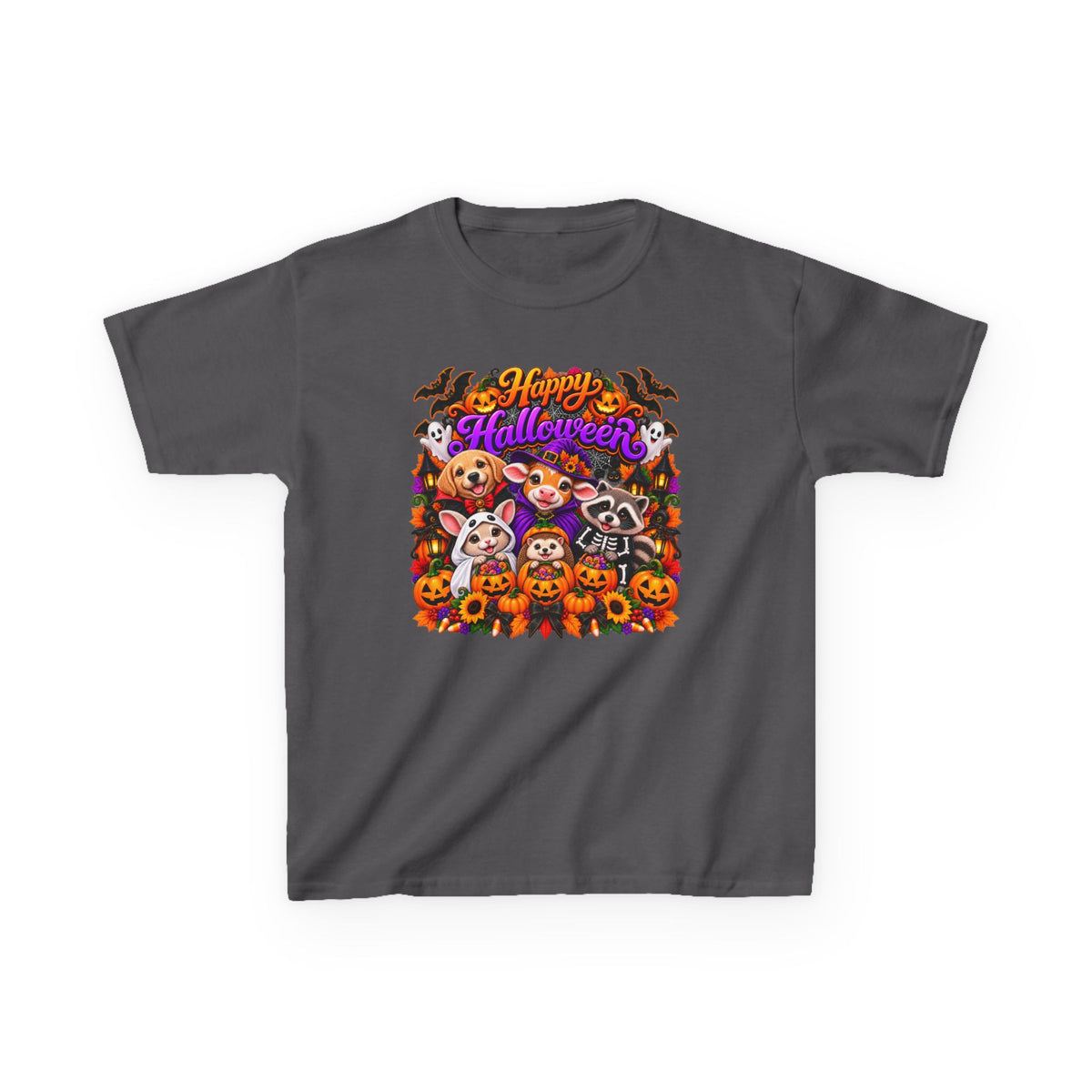 Kids T-Shirt — Colorful 'Happy Halloween' Animal Pumpkin Crew