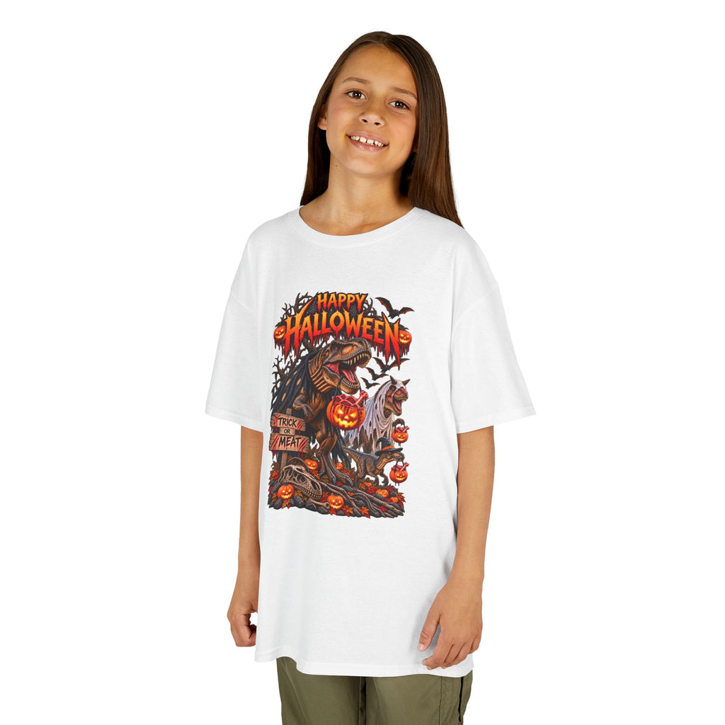 Kids Halloween Tee – "Happy Halloween" Scary Pumpkin Dinosaur Graphic