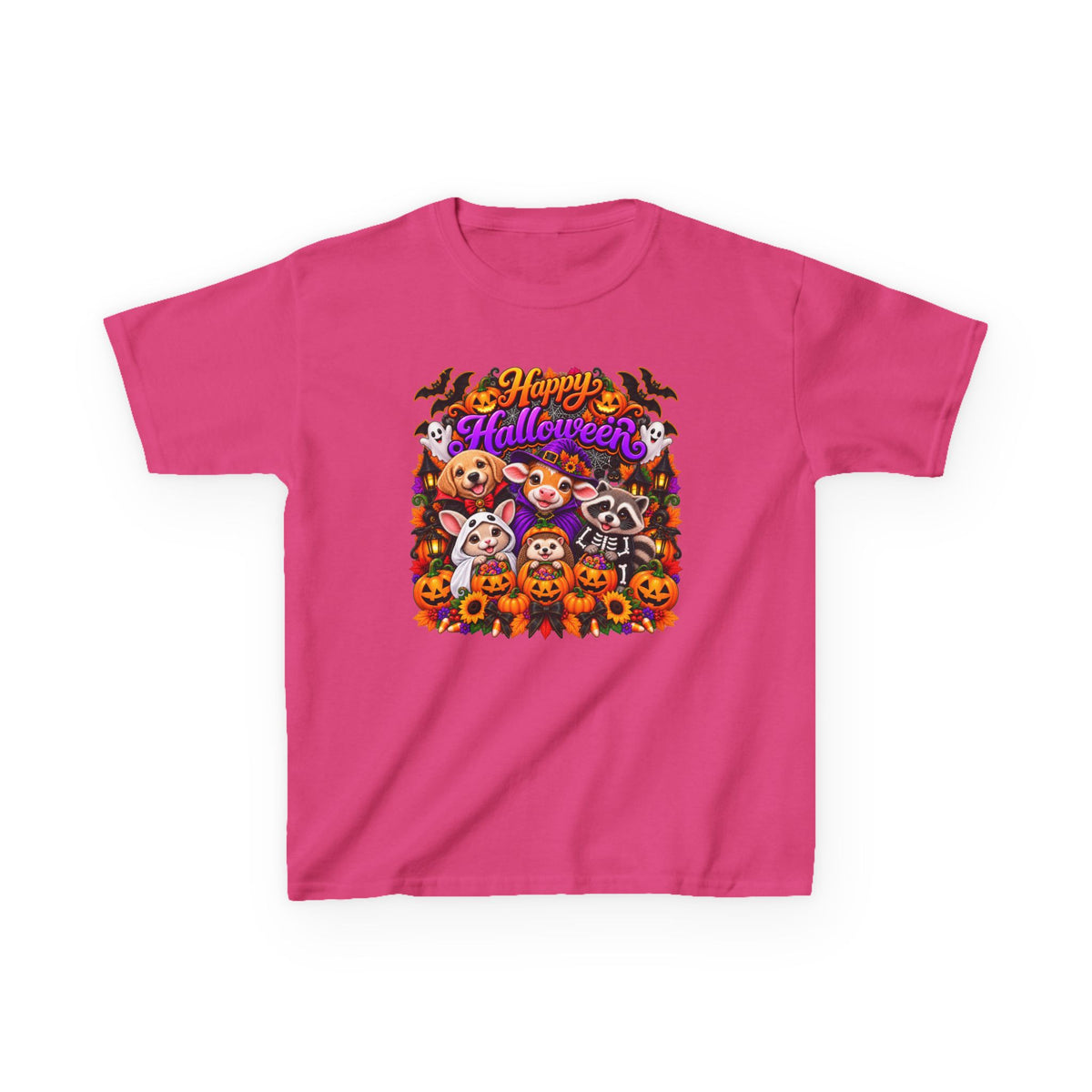Kids T-Shirt — Colorful 'Happy Halloween' Animal Pumpkin Crew