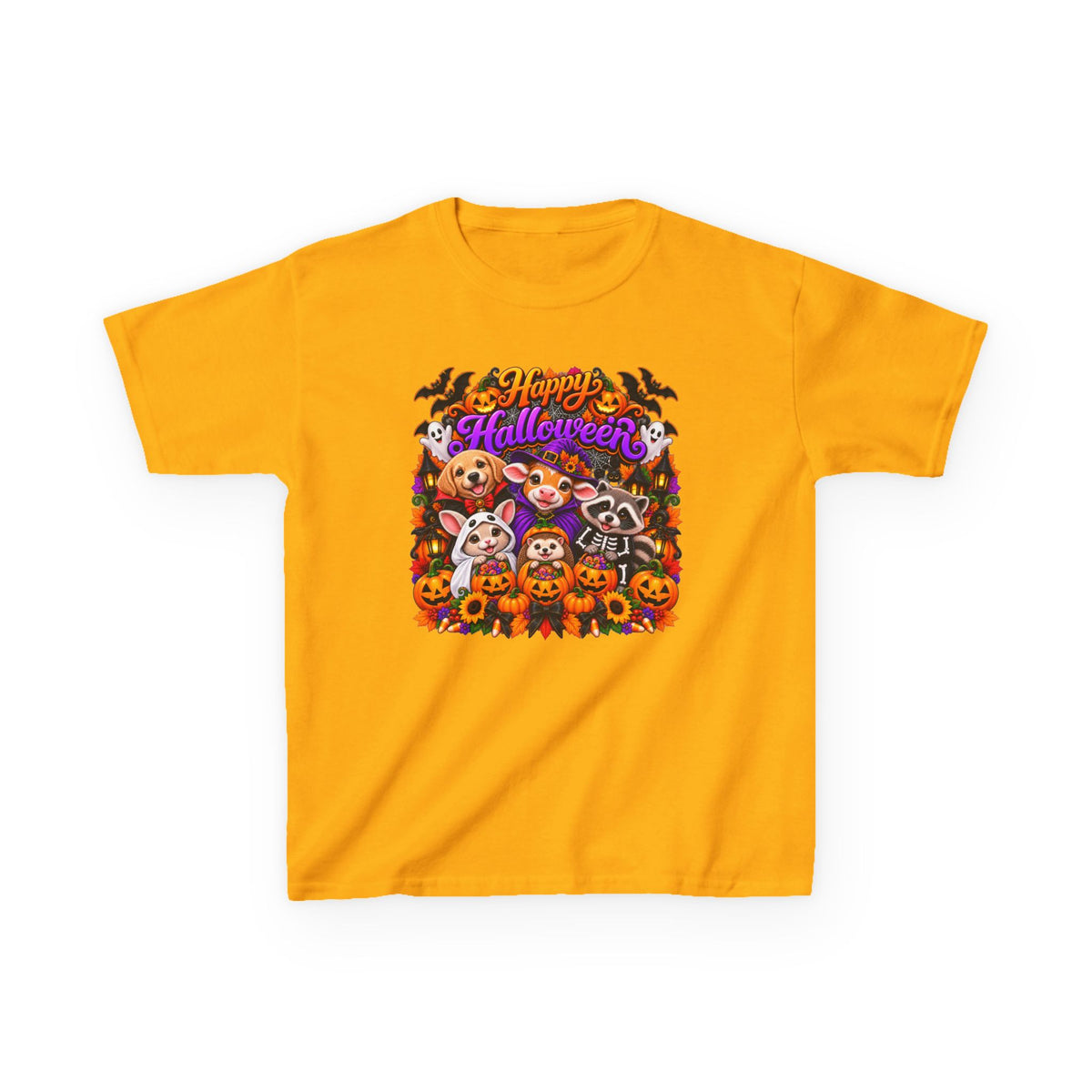 Kids T-Shirt — Colorful 'Happy Halloween' Animal Pumpkin Crew