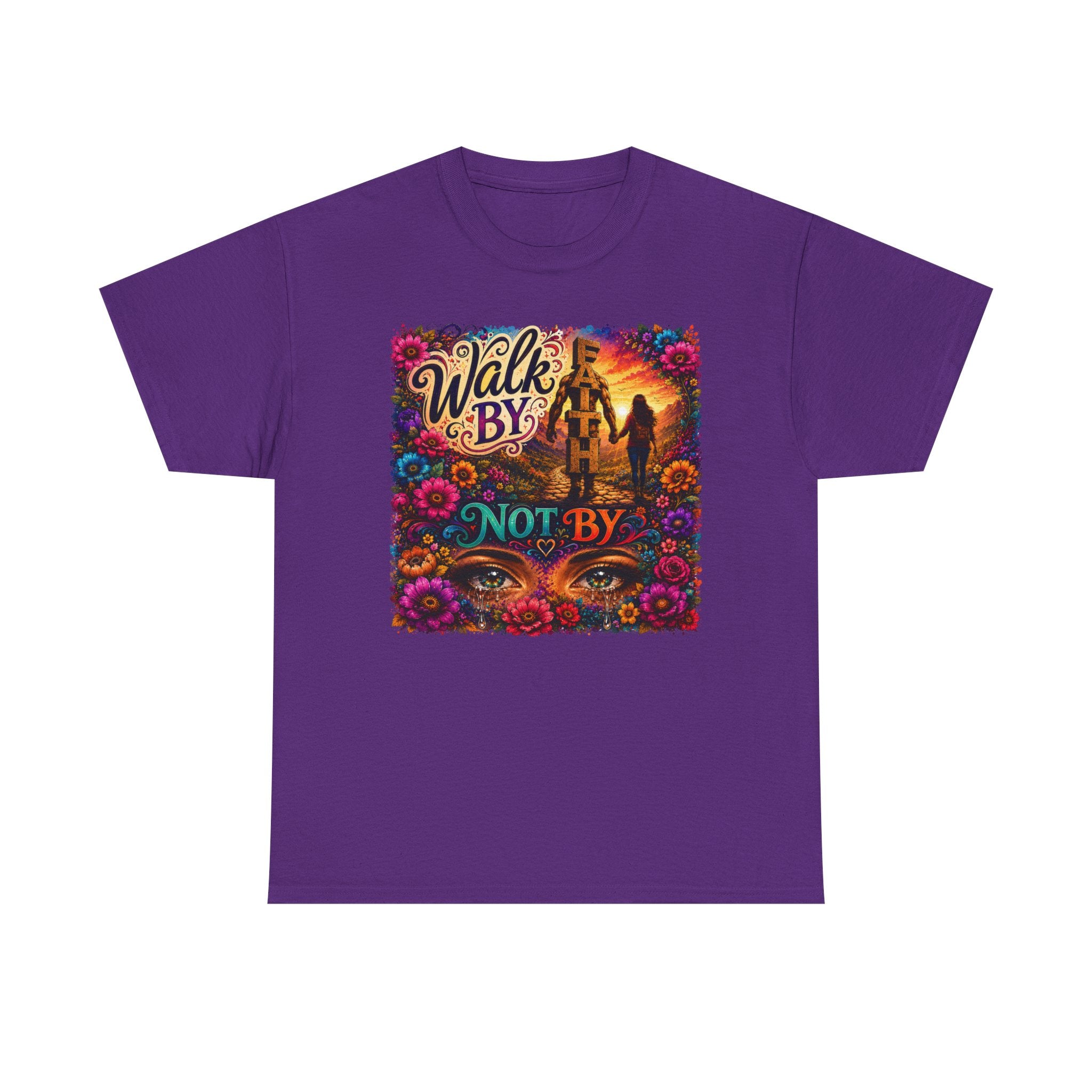 T‑Shirt — "Walk By Faith Not By Sight" Colorful Sunset Silhouette Christian Tee