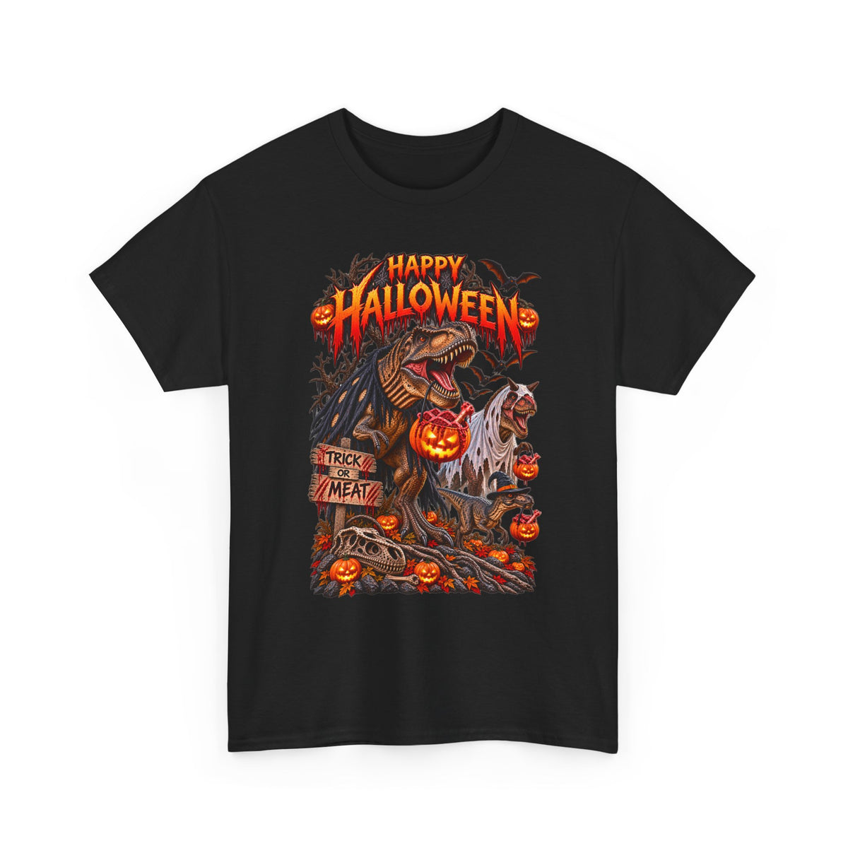 Halloween Dinosaur T‑Shirt — "Happy Halloween" Scary T‑Rex with Jack‑O'Lanterns