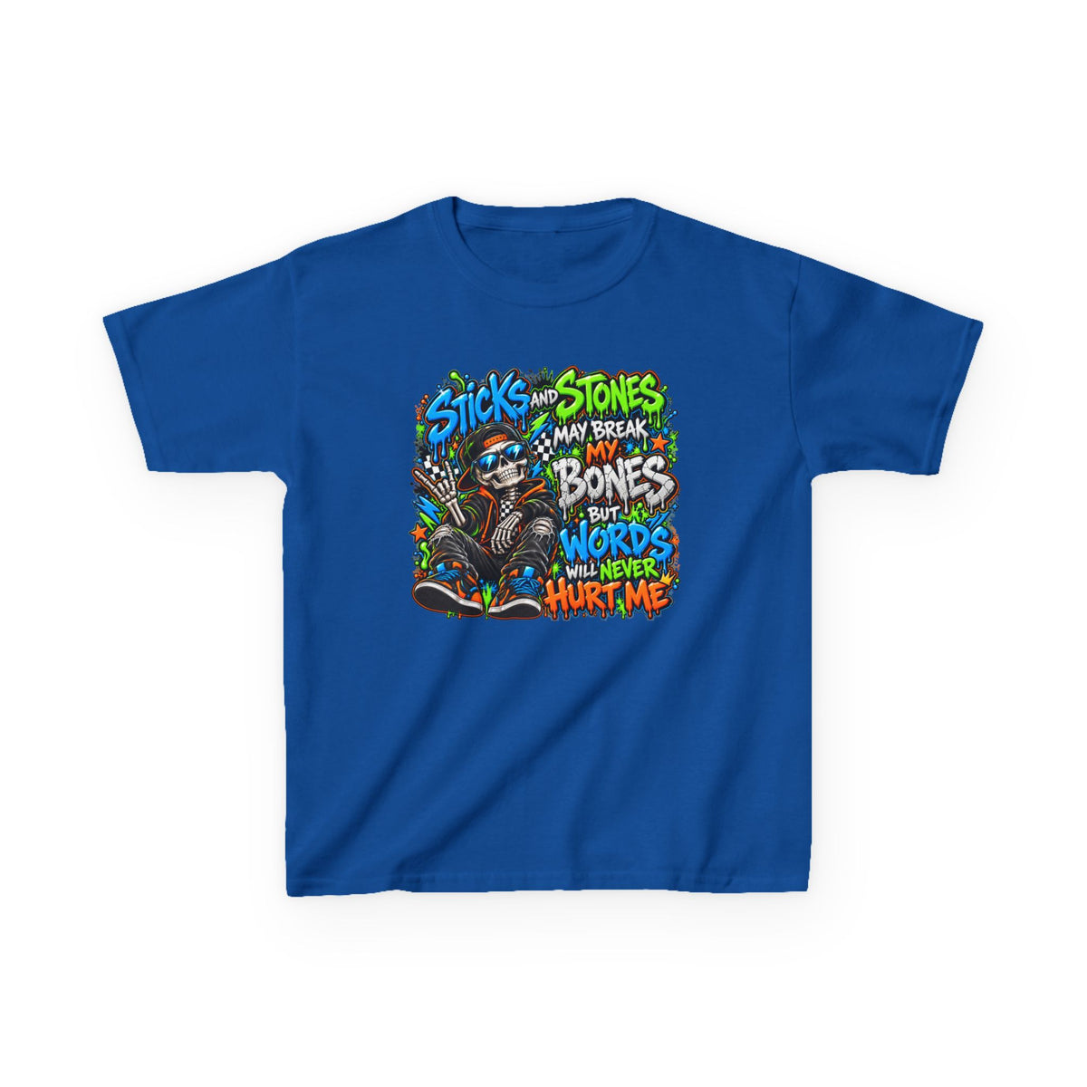 Kids T‑Shirt - Colorful 'Sticks and Stones May Break My Bones But Words Will Never Hurt Me' Graphic Tee